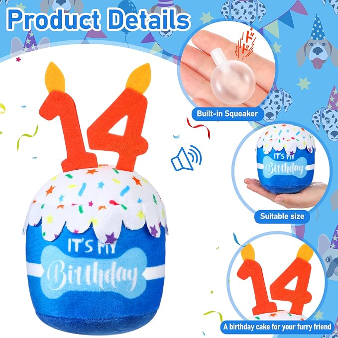 Dansydaisy Dog Birthday Cake Toy Squeaky Plush Toy for Girl Boy Gifts, Chew Accessories for Dog Birthday Party Decor Favor for Large, Medium and Small Dogs(14th,Blue)