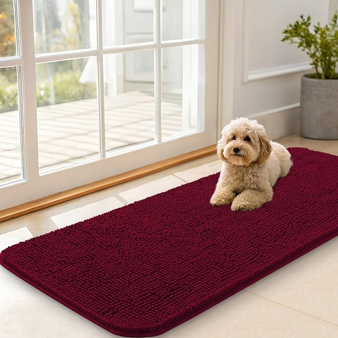 OLANLY Dog Door Mat for Muddy Paws 47x20, Super Absorbent Chenille Mud Mat | Burgundy, Absorbs Moisture and Dirt, Non-Slip Machine Washable Doormat, Quick-Drying Indoor Entryway Floor Carpet for Dogs