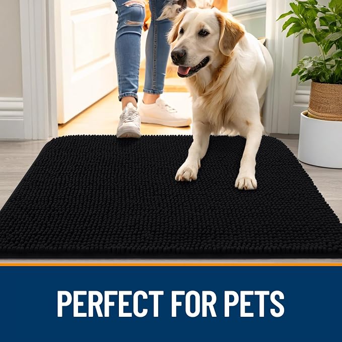 OLANLY Dog Door Mat for Muddy Paws 70x24, Super Absorbent Chenille Mud Mat | Black, Absorbs Moisture and Dirt, Non-Slip Machine Washable Doormat, Quick-Drying Indoor Entryway Floor Carpet for Dogs