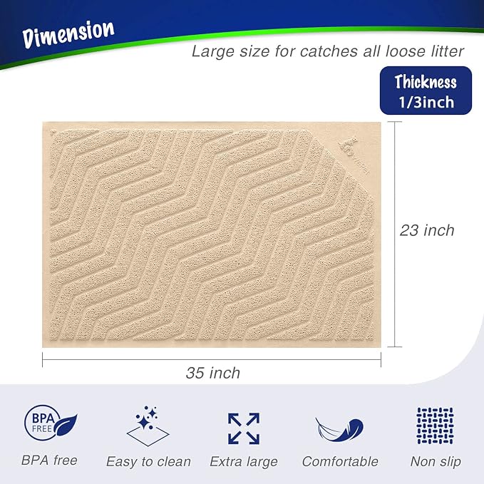 Cat Litter Box Mat(No. 02-2), Kitty Premium PVC Pad, Durable Trapping Rug, Phthalate Free, Urine-Resistant, Scatter Control, L 35 x 23, Beige