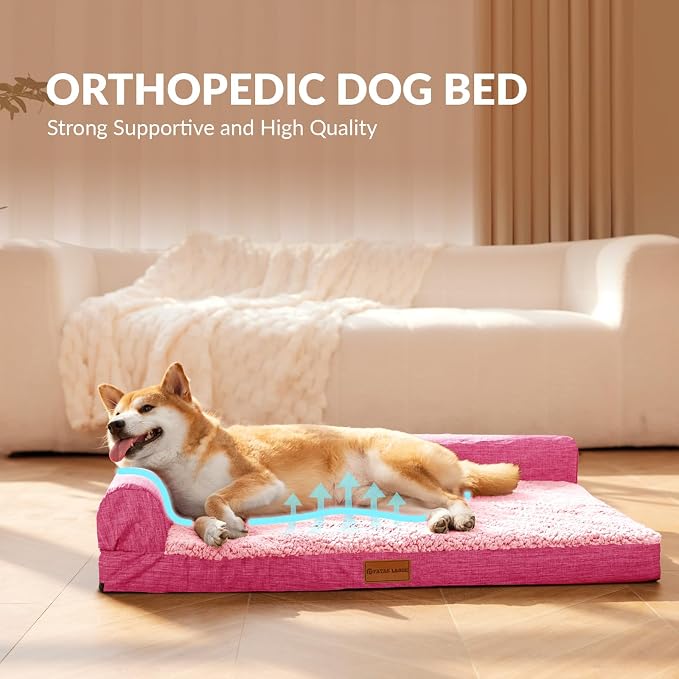 Patas Lague Orthopedic Large Dog Bed Washable Pet Sofa Bed 48''X30''Pink | 2-Sided Bolster Egg-Crate Foam Dog Couch Large Sized Dogs, Waterproof Removable Washable Cover, Nonskid Bottom Pet Crate Mat