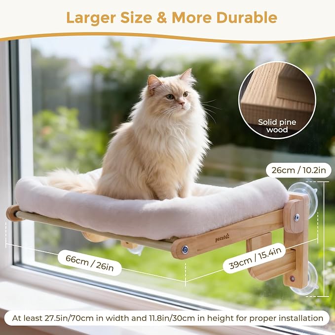 Pecute Foldable Cat Window Perch, Cloud-Soft Cat Bed with Wood Frame, 26" L | Solid Wood, Strong Suction Cup, Washable Cushion, Sided Bolster, Large Cat Hammock Indoor for Sunbathing, Bird Watching