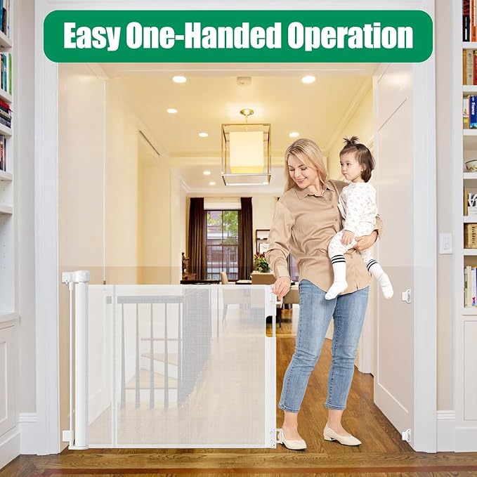 Reinforced 50" Wide Retractable Baby Gates for Doorways, Retractable Dog Gate for Stairs with Support Rods – Prevent Crawling Under, Outdoor Indoor Mesh Baby Gate Retractable Gates for Dogs, White