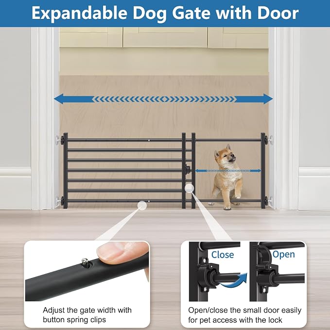 Malier Indoor Dog Gate with Door, 34-55" Extra Wide Full Metal Pet Gate Short Dog Gate for Stairs, Pressure Mount 14'' Tall Small Puppy Low Gate Easy Step Over for Doorways