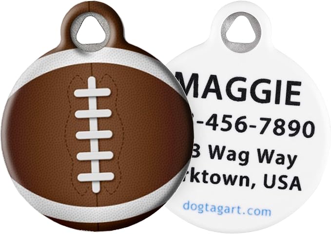 Football Personalized Pet ID Tag for Dogs and Cats, Silent Polymer Coated Stainless Steel Nametag with Customized Identification Information, Small .875" Diameter