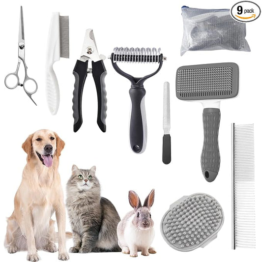 Dog Brush for Shedding,9 PCS in One Pet Slicker Hair Brush Kit with Pet Nail Clipper and File - Dog Cat Grooming Deshedding Undercoat Rake Brush Comb for All Small Large Dogs Cats Grey