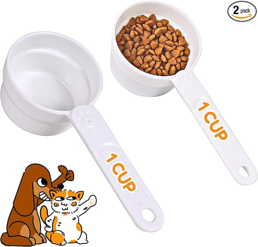 1 Cup Dog Food Scoop, Extra Long Handle Sturdy Melamine Pet Food Measuring Scoop with Clear Marking Lines, BPA-Free, Shatterproof, Dishwasher Safe (White*2, 1 Cup)