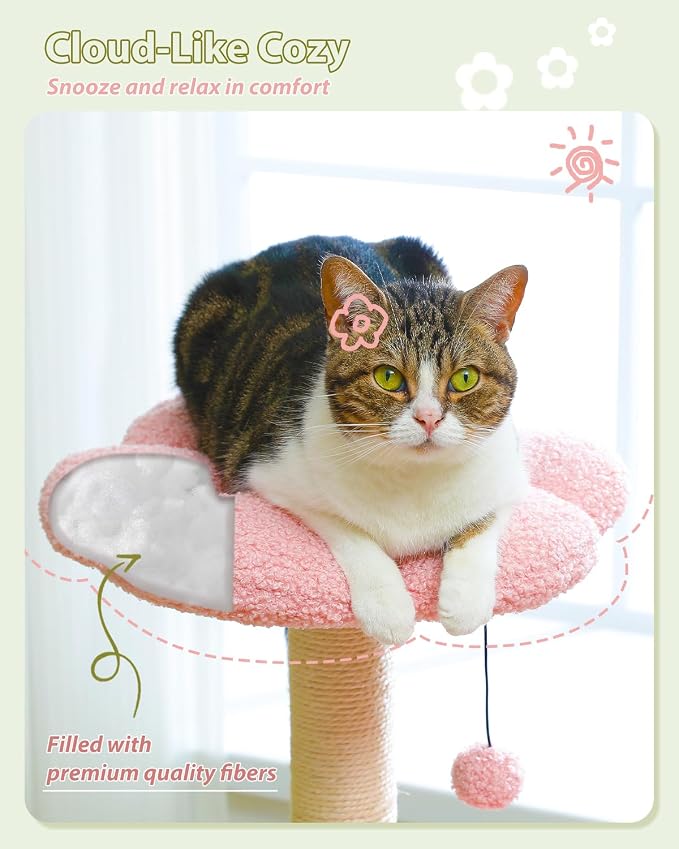 PEQULTI Flower Cat Tree, 36.6" Pink Cat Tower with Sisal Scratching Posts for Indoor Cats, Large Hammock, Condo and Pink Top Perch for Kittens, Fluffy Ball, Blue