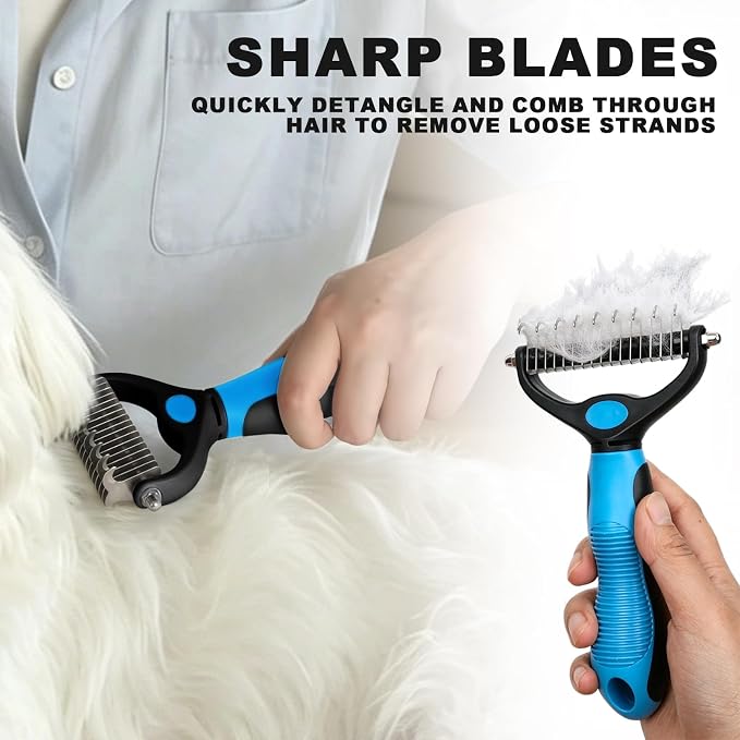 Blue Pet Grooming Kit 3Pcs Dematting Comb for Dogs&Cats Shedding | Self-Cleaning Slicker Brush,Double-Sided Fine&Wide Teeth Undercoat Rake for Dogs,Deshedding Dog Brush,Dog Bath Massage Brush