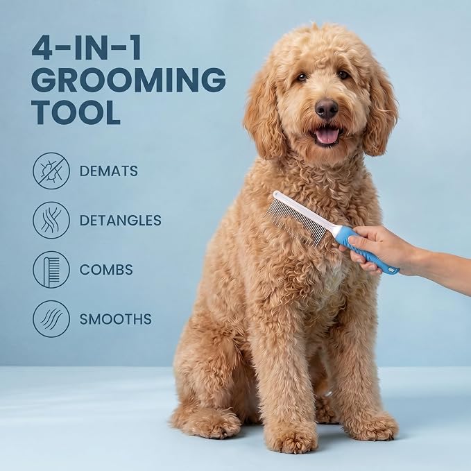 Poodle Grooming Comb - Metal Dematting Comb with Long & Short Stainless Steel Teeth for Removing Matted Hair & Knots, Safe and Gentle for Dogs & Cats