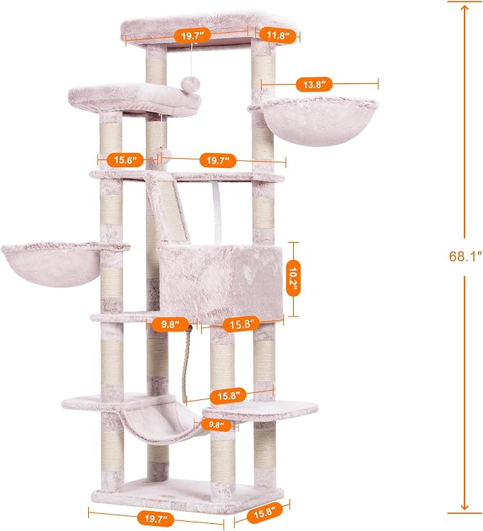 Heybly Cat Tree, 68 inch Multi-Level Cat Tower for Indoor Cats HCT025MU | Cat Condo with 2 Widened Plush Perches, 2 Cozy Baskets, Scratching Board and Big Caves, Rosy Brown