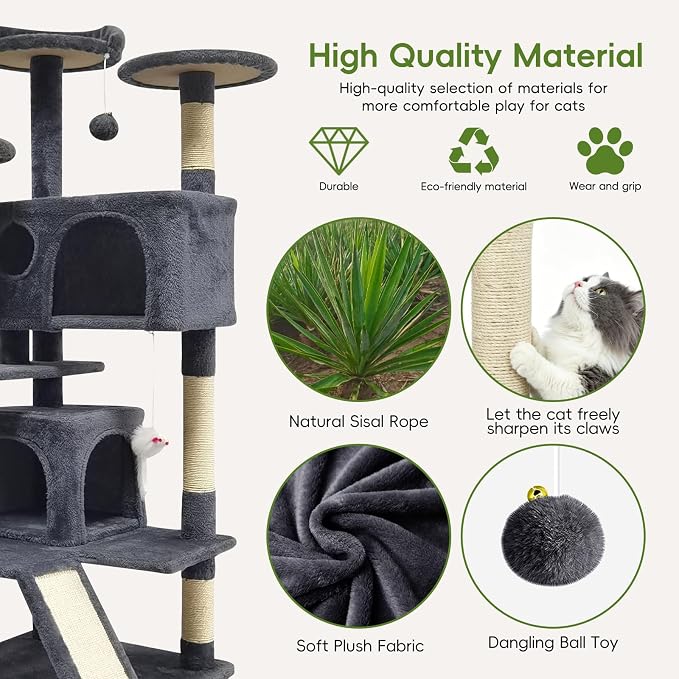 53in Cat Tree House with Scratching Post & 2 Caves for Indoor Cats