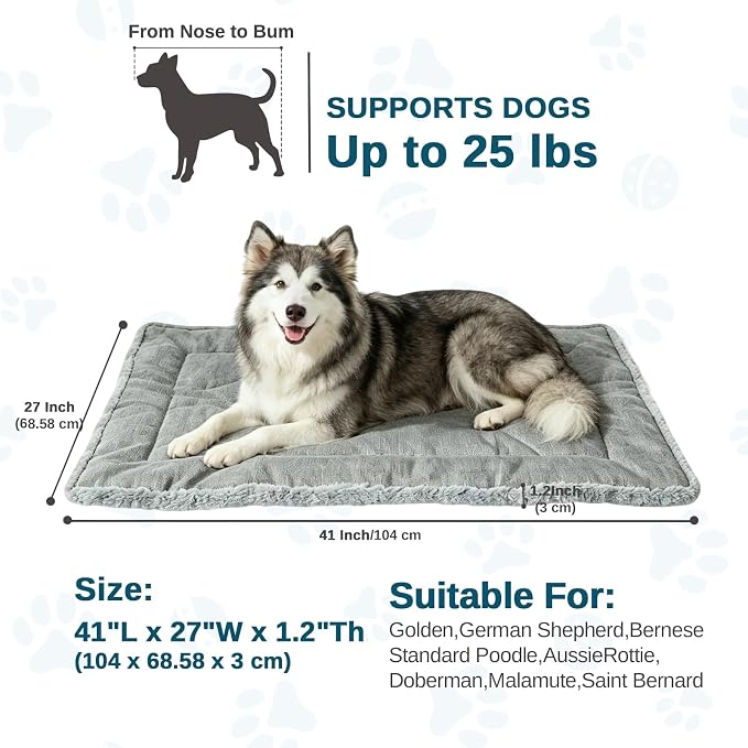 Reversible Dog Crate Mat for Large Dogs,Oxford & Fleece, 42"x27",Light Gray | 1.2" Fill Preserves Crate Height,Fleece Cozy,Wipes Clean,Splash-Proof,Machine Washable, Folds Flat For 30" Wire Crate & Go