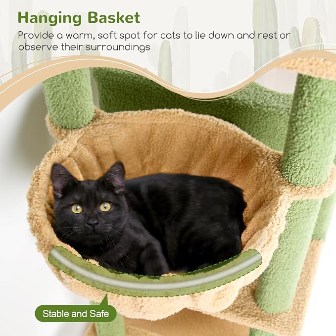 Globlazer Extra Tall Cat Tree Tower for Indoor Cats, 76in, F76, Cactus | Multi-Level Cat Furniture with Cozy Condos,Hammock and Perches for Large Adult Cats, Perfect for Climbing, Scratching