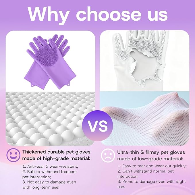 2-Pair Pet Hair Remover Glove for Dogs and Cats Washing, Grooming, & Deshedding – Multipurpose Silicone Dog Bath Gloves, Cat Brush Glove Mitt for Pet Cleaning & Household Use (Purple & Grey)