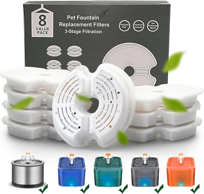 Cat Fountain Filter - Multiple Filtration Replacement Filter, 8 or 12 Packs of Cotton Activated Carbon Cat Fountain Filters