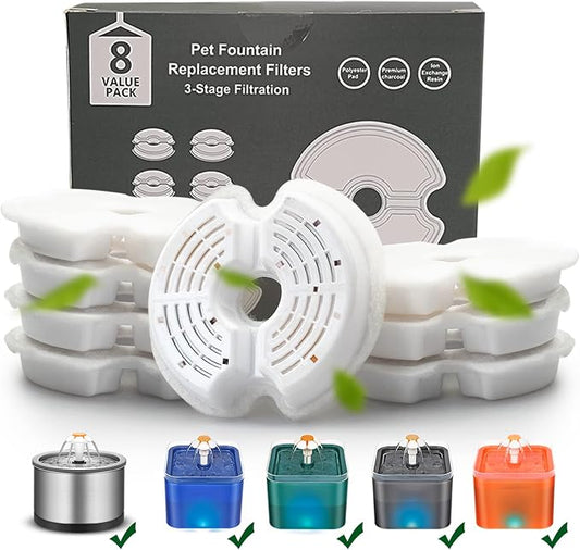 Cat Fountain Filter - Multiple Filtration Replacement Filter, 8 or 12 Packs of Cotton Activated Carbon Cat Fountain Filters