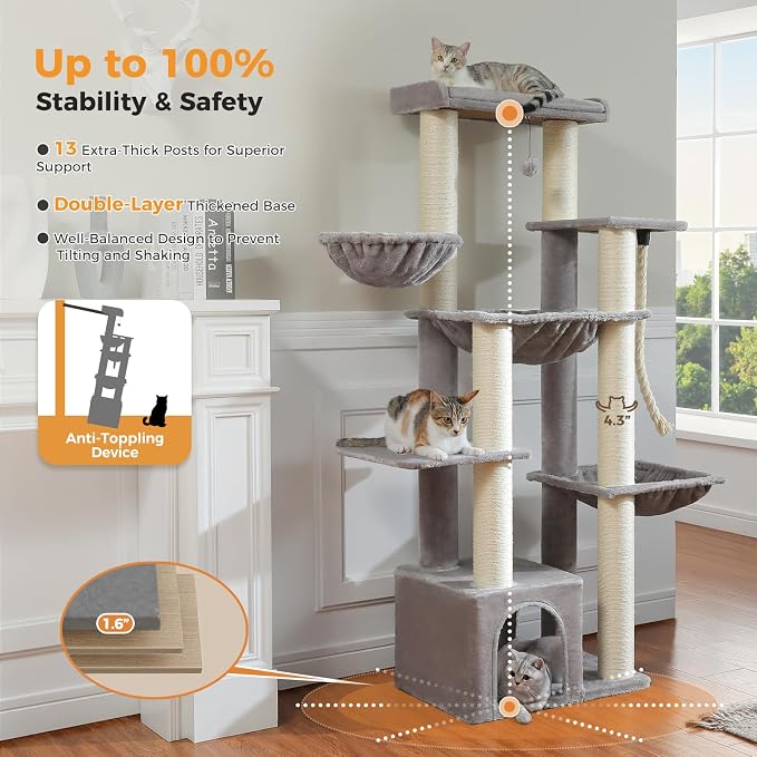 Heavy Duty Cat Tree for Maine Coon – 67" Tall Cat Tower with 7 Thick (φ4.3) Scratching Posts, XXL Cat Condo with Super Large Perch & Cozy Hammocks, Engineered for Big Cats (20+ lbs) - Gray