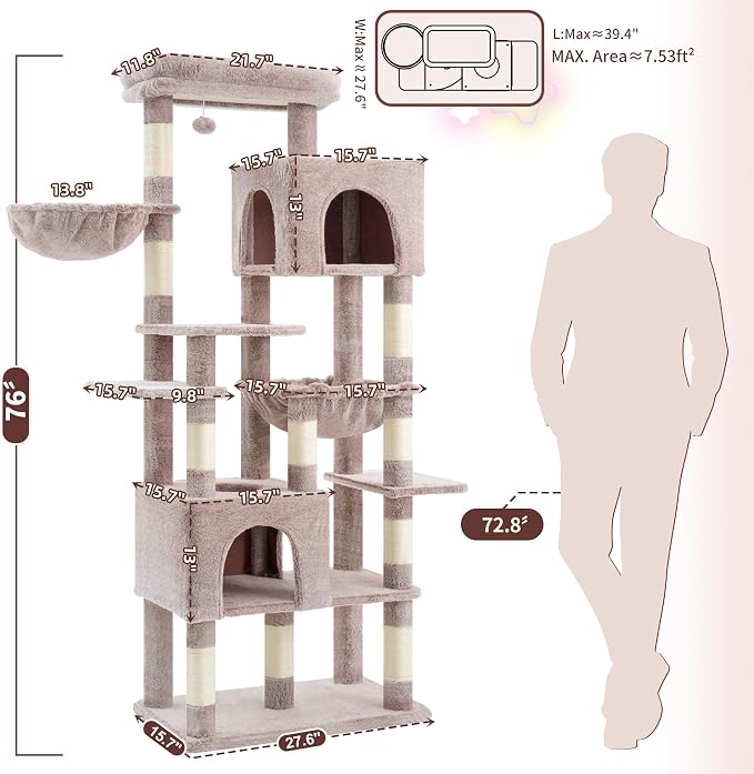 Heybly Cat Tree, 76-Inch Tall Heavy Duty Cat Tower for Big Cats HCT039MU | Multi-Level Large Cat Furniture with Extra Wide Baseboard, 2 Condos & 2 Hammocks, 10 Scratching Posts, Rosy Brown