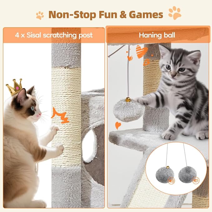 Taoqimiao Cat Tree, 38.5In Cat Tower for Indoor Cats, Suitable for Kittens | Thick Padded Top Perch, Luxurious Cat Condo, Adjustable Basket, 1-Piece Ramp Scratcher, 3 Sisal Posts, Light Gray, MS029SW