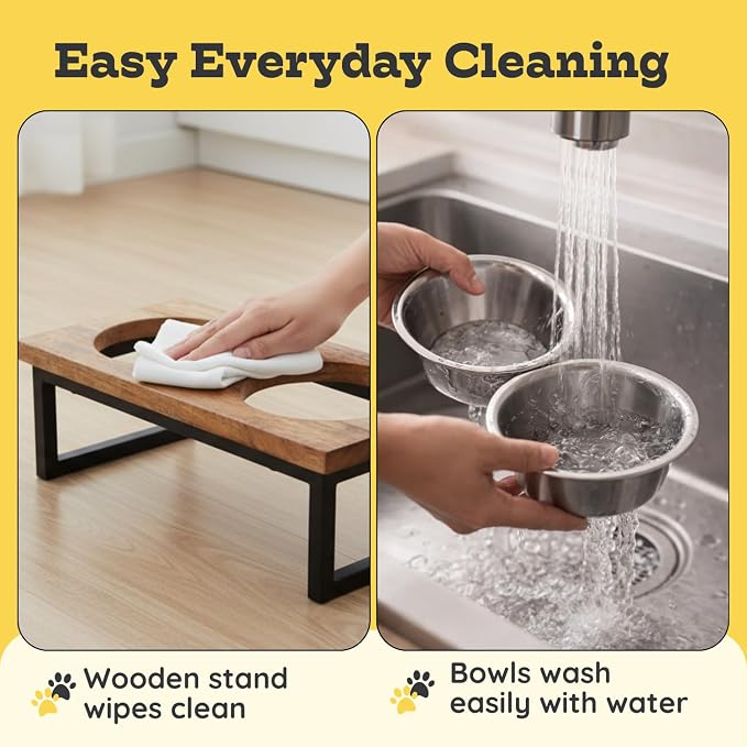 Elevated Dog Bowls, Medium 5.2 Height Mango Wood Raised Dog Bowl Iron Stand Frame with 64oz 2 Pcs Stainless Steel Pets Dishes, Food & Water 8Cup, 1.9L Capacity Nonslip Cat Feeding Station