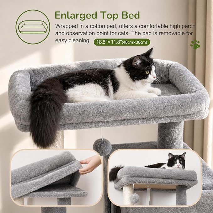 Globlazer Cat Tree Tower with Scratching Post for Indoor Cats, 53inch Tall Plush Multi-Level Cat Climbing Tower Condo House with Large Hammock, Spacious Cat Cave, Padded Top Perch Bed, F53, Light Gray