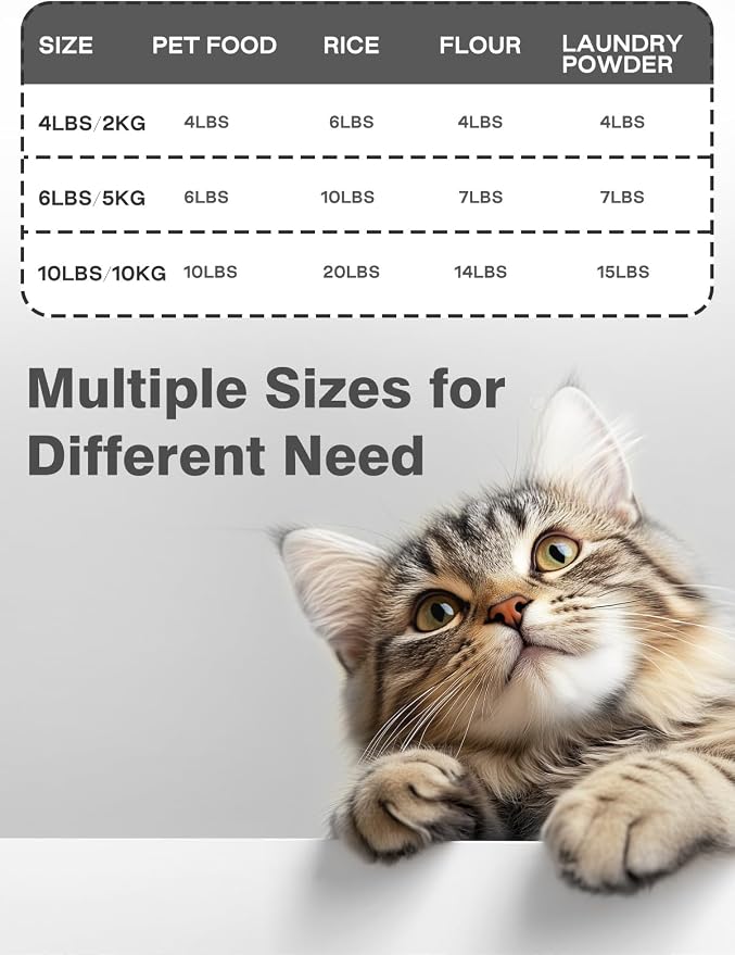 LivLab Mker 20 lb Stackable Pet Food Storage Containers, 3 Pack | Three stackable airtight bins hold 4, 6, and 10 lb for 20 lb total; includes 3 measuring cups and clear BPA-free bodies.
