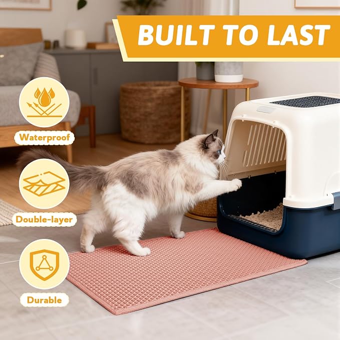 Pieviev Cat Litter Mat, Double-Layer Waterproof Design, 24" x 15" Coral Red | Honeycomb Litter Box Mat Catches Scattered Particles to Stop Tracking, Urineproof Base protects Floors, Easy to Clean