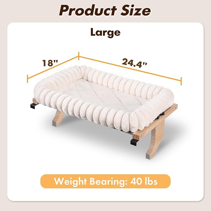Zoratoo Cloud-Soft Wooden Cat Window Sill Perch with Zipper Cushion,L White | 24.4’’x18’’, Removable for Machine Wash, Fluffy Plush Bolster, Sturdy Metal Frame for Large Cats up to 40lbs, Easy to Adjust