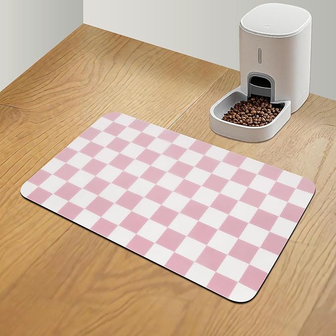 CooRug Checkered Dog Food Mat, Pet Feeding Mat 20" L x 12" W, Pink | Absorbent, Leak-Proof, Anti-slip, Quick Dry, Eco-friendly Materials, Easy to clean and store, For Messy Drinkers