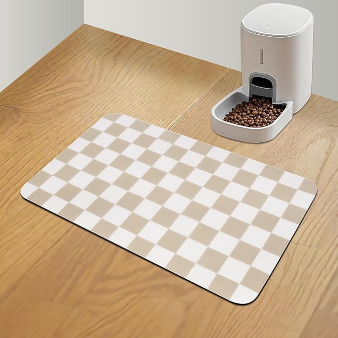 CooRug Checkered Dog Food Mat, Pet Feeding Mat 20" L x 12" W, Beige | Absorbent, Leak-Proof, Anti-slip, Quick Dry, Eco-friendly Materials, Easy to clean and store, For Messy Drinkers