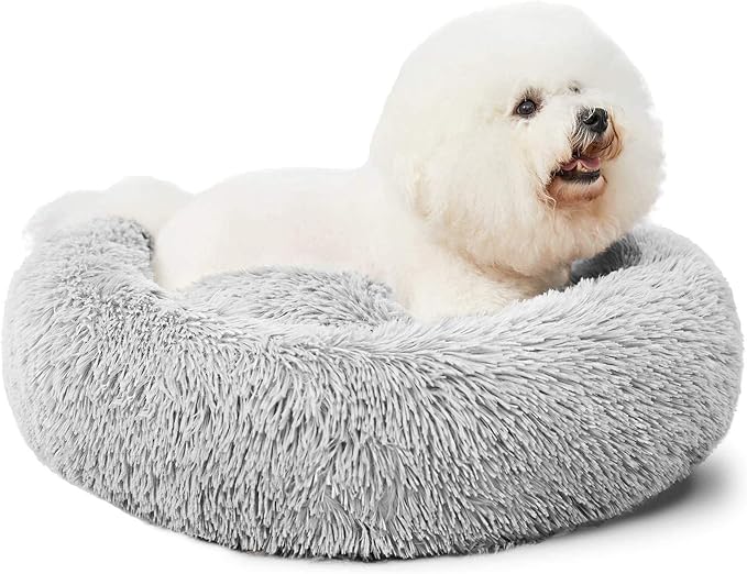 HACHIKITTY Calming Donut Cuddler Dog Bed, Round Fluffy Pet Bed for Small Dogs,Washable, Large, Gray, 24''
