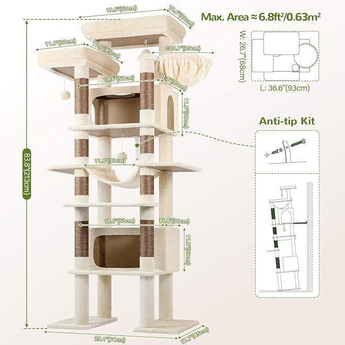 Globlazer Giant Tall Heavy Duty Cat Tower for Indoor Large Cats, F83B | XXL Multi-Level Large Cat Condo with 8 Scratching Posts, Hammock, 2 Cat Caves, 2 Platform, Beige