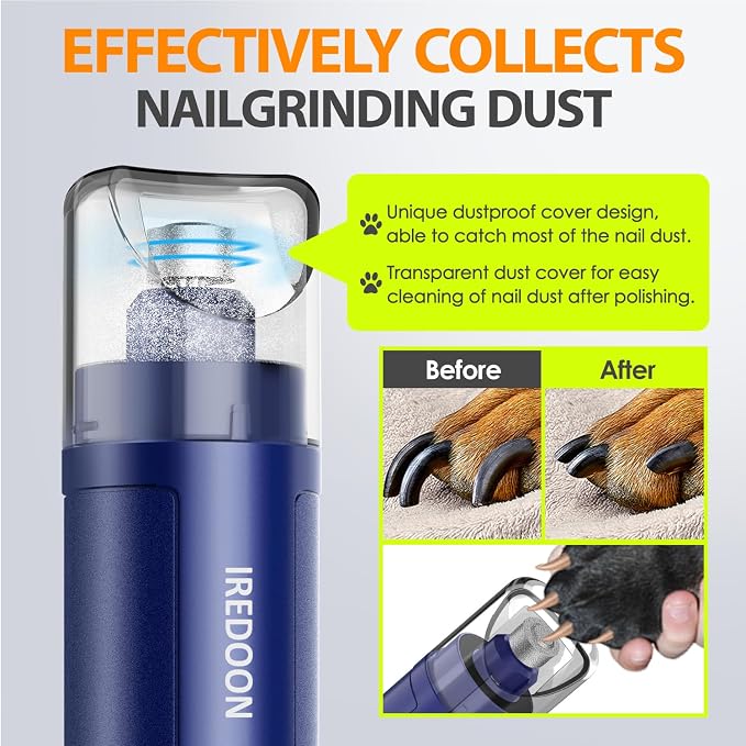 IREDOON Dog Nail Grinder Upgraded - Professional 3-Speed Super Quiet and Low Vibration Electric Pet Nail Grinder with 4 LED Lights - Painless Paws Grooming & Smoothing for Small to Large Dogs (Blue)