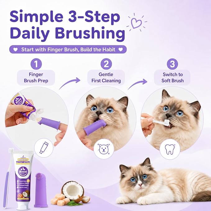 Cat Toothbrush & Toothpaste Kit, Soft & Finger Brushes, 2.5oz | Tiny Teeth Care. Finger-Fit Control. Coconut Chicken Flavor. Easy Brushing for Cats & Kittens. Daily Use.