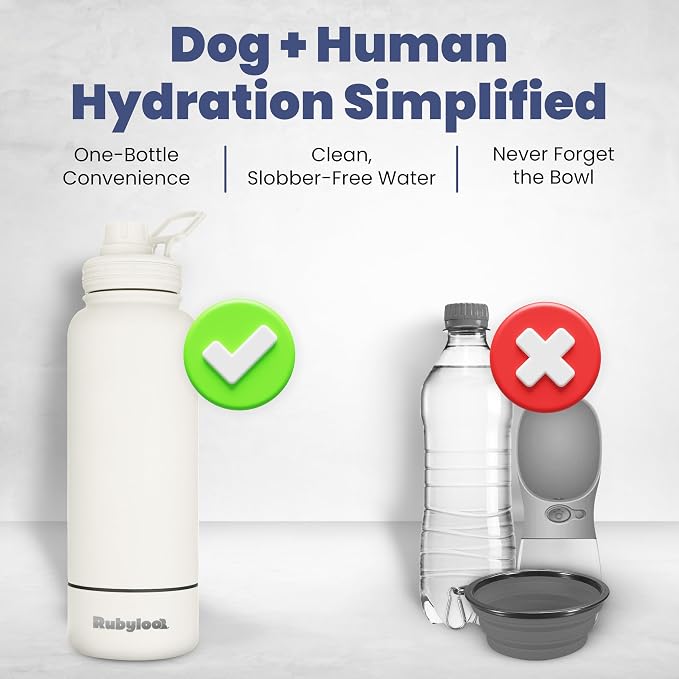 Dog Water Bottle for Dog Lovers - 32 oz Stainless Steel Double Wall Insulated Water Bottle with 8 oz Detachable Bowl on Bottom for Doggy Lovers for Hiking, Walks, Travel - Cream