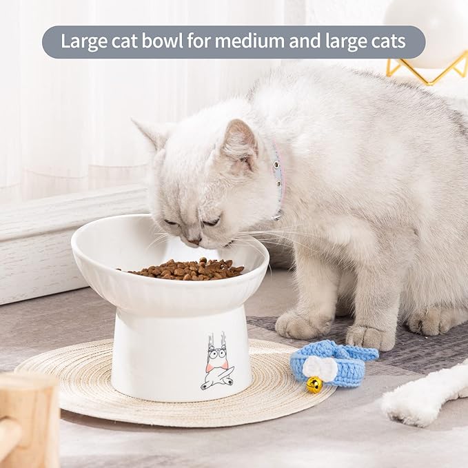 6.5 Inch Extra Wide Ceramic Raised Cat Bowls, Tilted Elevated Cat Bowl | Prevent Neck, Whisker Fatigue, Anti Vomit, for Elder Big Cats & Small Dogs, Dishwasher Microwave Safe, 2 Pack, White