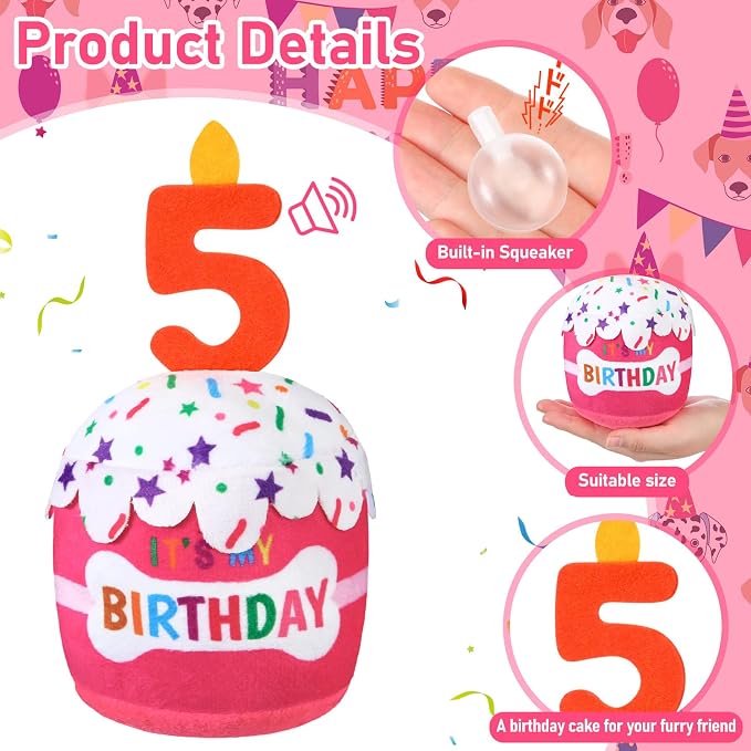 Dansydaisy Dog Birthday Cake Toy Squeaky Plush Toy for Girl Boy Gifts, Chew Accessories for Dog Birthday Party Decor Favor for Large, Medium and Small Dogs(5th,Pink)