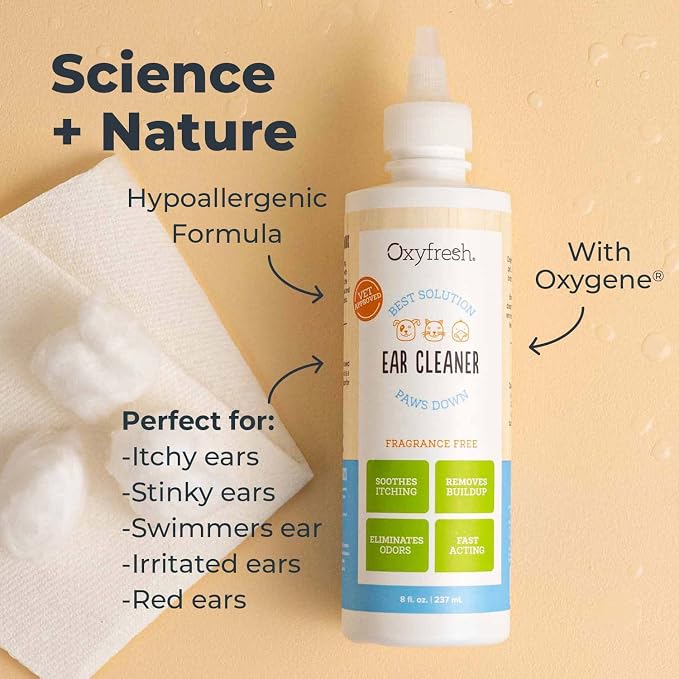 Oxyfresh Advanced Ear Cleanser for Dogs & Cats – Fast Acting Pet Ear Wash | Gentle Ear Cleanser for Dogs Works Great for Routine Dog Ear Wash and Cat Ear Cleans Wax & Debris For Stinky Dog & Cat Ears