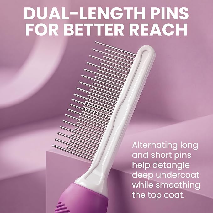 Poodle Pet Detangling Pet Comb with Long & Short Stainless Steel Teeth for Removing Matted Fur, Knots & Tangles – Detangler Tool Accessories for Safe & Gentle DIY Dog & Cat Grooming