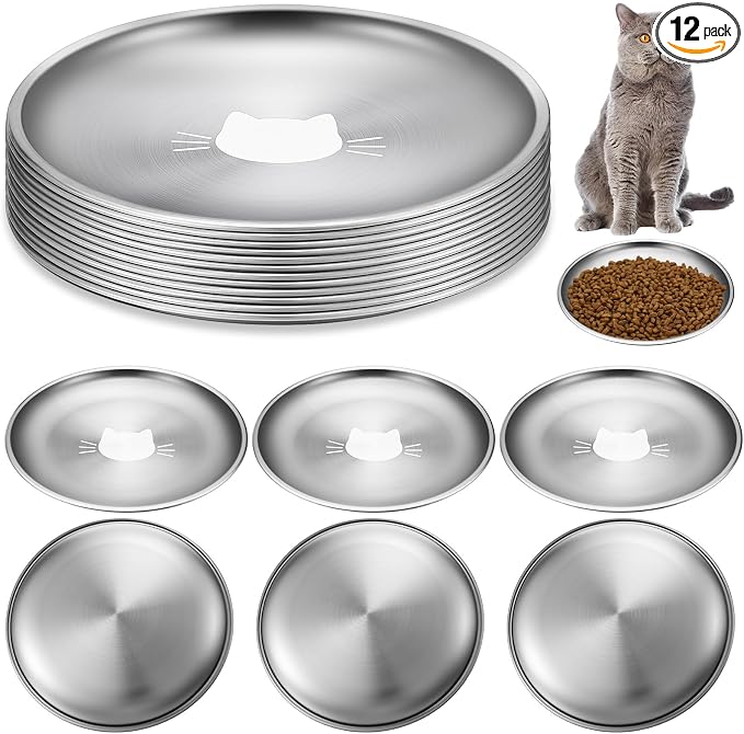 Domensi 12 Pieces Stainless Steel Cat Bowl Metal Pet Food Dish Beard Fatigue Relief Replacement Easy to Clean Indoor Wet Feeding Flat Plates for Dogs Kitten and Other Small Animals(6.7 Inch,Cat)