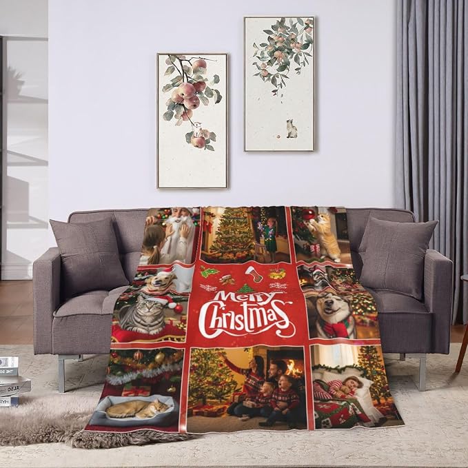 Nxwdwqa Personalized Christmas Dog Blanket Throws with Photos, Custom Christmas Pet Blanket, Dog Gifts for Pet Lovers, Customized Puppy Blanket for Adult Kid Birthday Fathers Mothers Valentines Gift