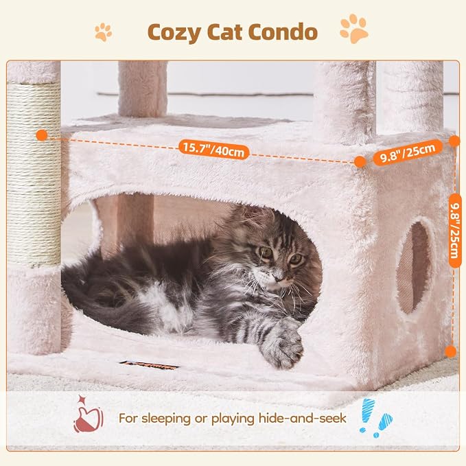 Taoqimiao Cat Tree, 38.5In Cat Tower for Indoor Cats, Suitable for Kittens | Thick Padded Top Perch, Luxurious Cat Condo, Adjustable Basket, 1-Piece Ramp Scratcher, 3 Natural Sisal Posts, Pink, MS029SP