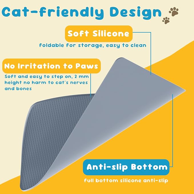 Cat Litter Mat, Silicone Litter Trapping Mat - Removal/Waterproof/Urine Proof, Cat Massage Mat (24" X 18"), Litter Box Mat - Keep the Floor Clean Grey