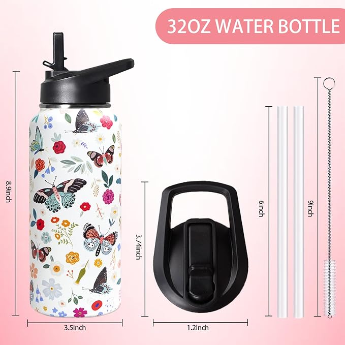 32oz Butterfly Stainless Insulated Aater Water Bottle with Straw,Butterfly Gym Hiking Sports Coffee Mug Cup Water Bottles,Butterfly Gifts for Women,Butterfly Decor Stuff Accessories