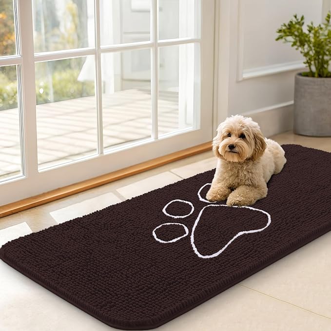 OLANLY Dog Door Mat for Muddy Paws 47x20, Paw Print Design Chenille Mud Mat | Brown, Absorbent, Traps Moisture and Dirt, Non-Slip Washable Doormat, Quick-Drying Indoor Entryway Floor Carpet for Dogs