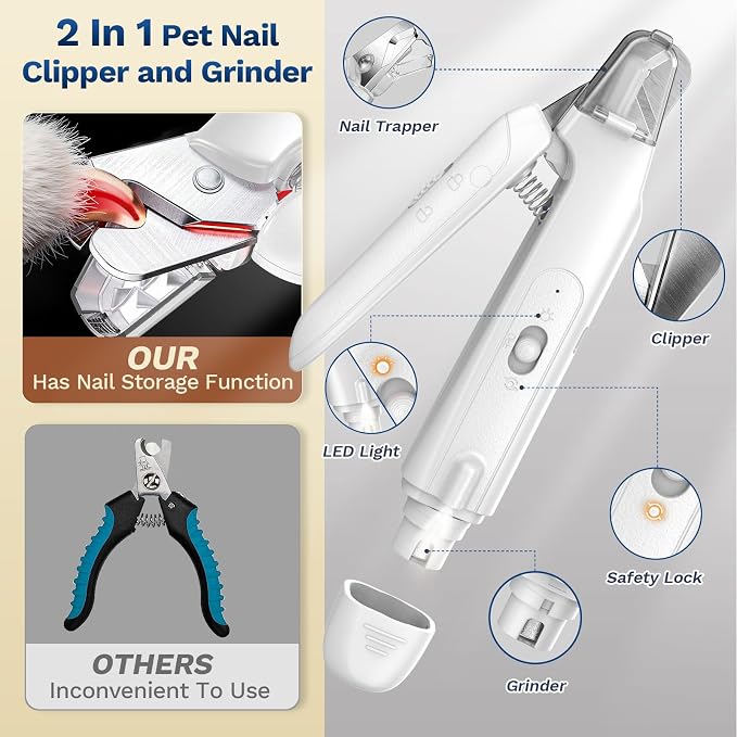 2-in-1 Dog&Cat Nail Clippers with Light, Type-c Pet Claw Trimmer & Grinder | Catpick care Rechargeable Nail Cutter, Stainless Blade, Safety Lock & Catcher Grooming for Small Medium Large Pets, White