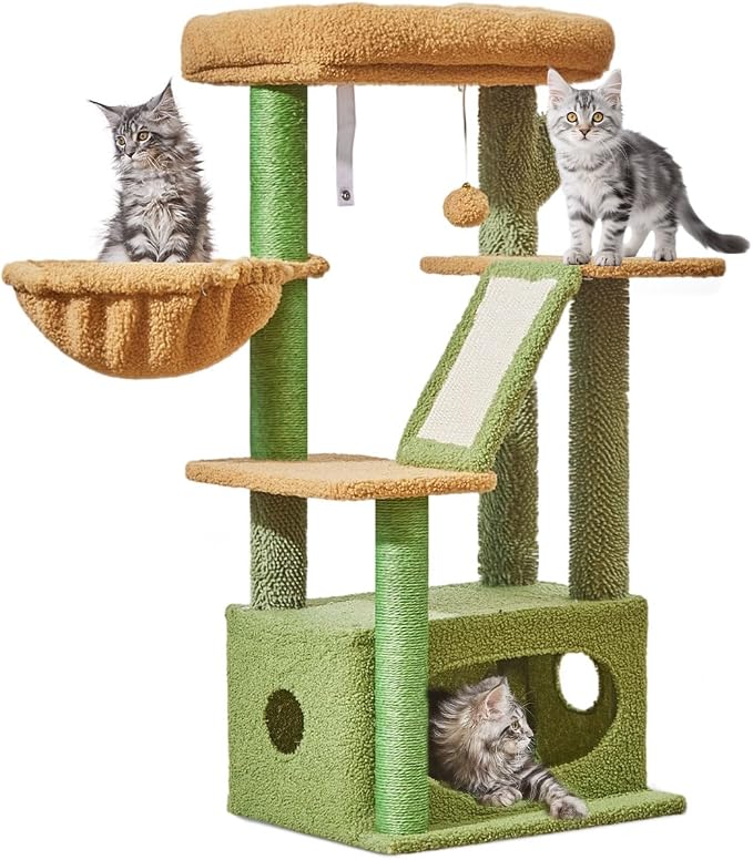 Taoqimiao Cactus, Cat Tree, 38.5In Cat Tower for Indoor Cats, for Kittens | Thick Padded Top Perch, Luxurious Cat Condo, Adjustable Basket, 1-Piece Ramp Scratcher, 3 Natural Sisal Posts, MS029ST