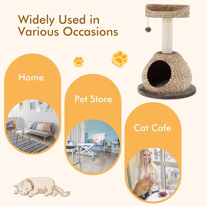 Modern Cat Tree Tower, Paper Rope Natural Bowl Shaped with Perch, Scratching Post, Rattan Cat Activity Tree for Kittens, 28" Tall