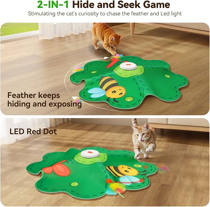 FEELNEEDY Rechargeable Cat Toys, 2 in 1 Hide and Seek Game Interactive Cat Toy, Movable LED Red Dot, Concealed Feathers, Durable Exercise Toys for Indoor Cats, Bored Adult Cats Wand Toy, Green